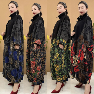 秋冬新款 拼接大衣 女羊绒提花外套宽松减龄200斤40岁50岁妈妈长款