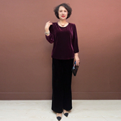 女新款 宽松大码 圆领小衫 中年妈妈真丝绒钉珠上衣秋季 阔腿裤 两件套