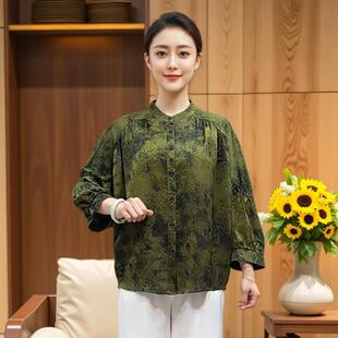 中老年妈妈真丝开衫2025春夏季立领复古印花蝙蝠袖衬衫花色防晒衫