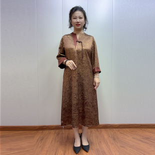 国风V领提花遮肉显瘦中袖 高档妈妈装 大码 新款 长裙 真丝连衣裙夏季