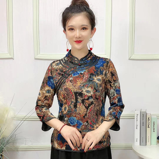 秋冬季 改良款 女士旗袍体恤精致偏襟设计复古印花修身 显瘦七分袖
