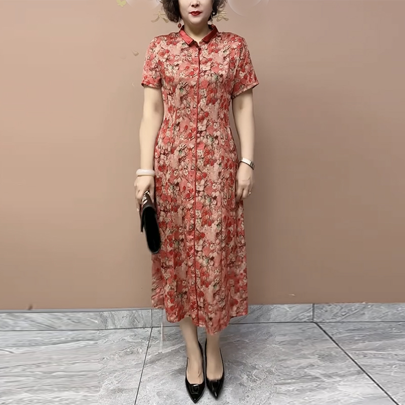 小翻领真丝国风短袖旗袍连衣裙