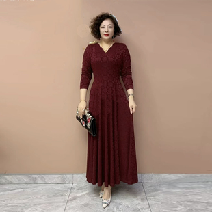 60岁长款 高弹力显瘦坠感50 大摆裙 新款 洋气中老年妈妈连衣裙春季