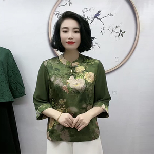 中年妈妈真丝衬衣女七分袖衬衫夏装新款盘扣小衫中袖大码旗袍上衣