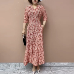 中袖 显瘦长款 大摆裙夏 连衣裙高档弹力冰丝棉坠感大码 洋气妈妈新款