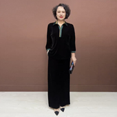 高品质妈妈撞色翻领丝绒上衣秋季 两件套女 大码 减龄中袖 上衣阔腿裤