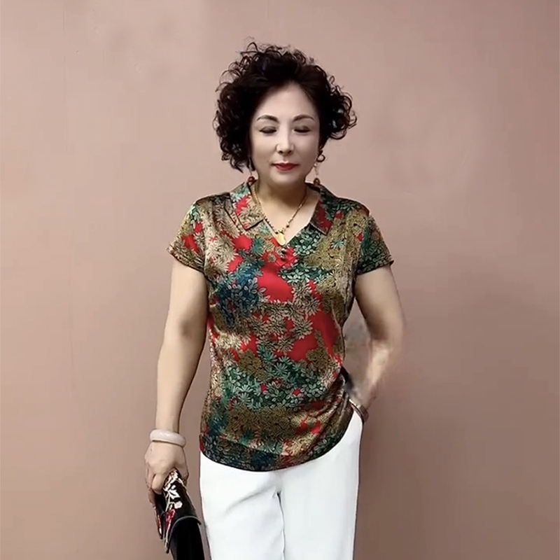 时髦妈妈真丝上衣夏季新款短袖娃娃领遮肚大码桑蚕丝上衣阔腿裤女