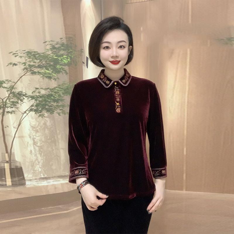 妈妈装翻领刺绣丝绒打底衫亲肤