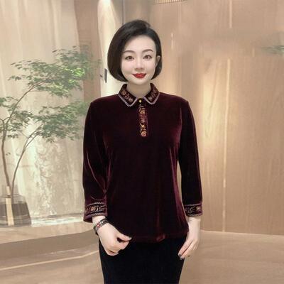 妈妈装翻领刺绣丝绒打底衫亲肤