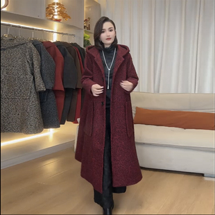 高档欧货连帽羊毛大衣宽松200斤遮肚显瘦粗花毛呢过膝长款外套女