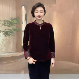高档阔太太丝绒刺绣上衣春装新款立领国风旗袍上衣大码减龄体恤女