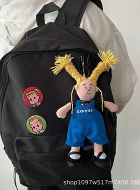 创意黄色炸毛女孩挂件胸针丑萌玩偶钥匙扣蓝色背带裤女孩包包挂饰