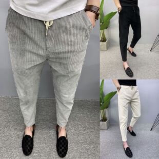 秋冬新款灯芯绒时尚纹理感舒适休闲九分裤男修身小脚精神小伙潮裤