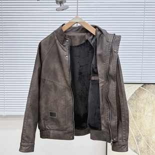 冬季新款复古加绒皮衣外套男款立领机车风痞帅时尚休闲加厚皮夹克