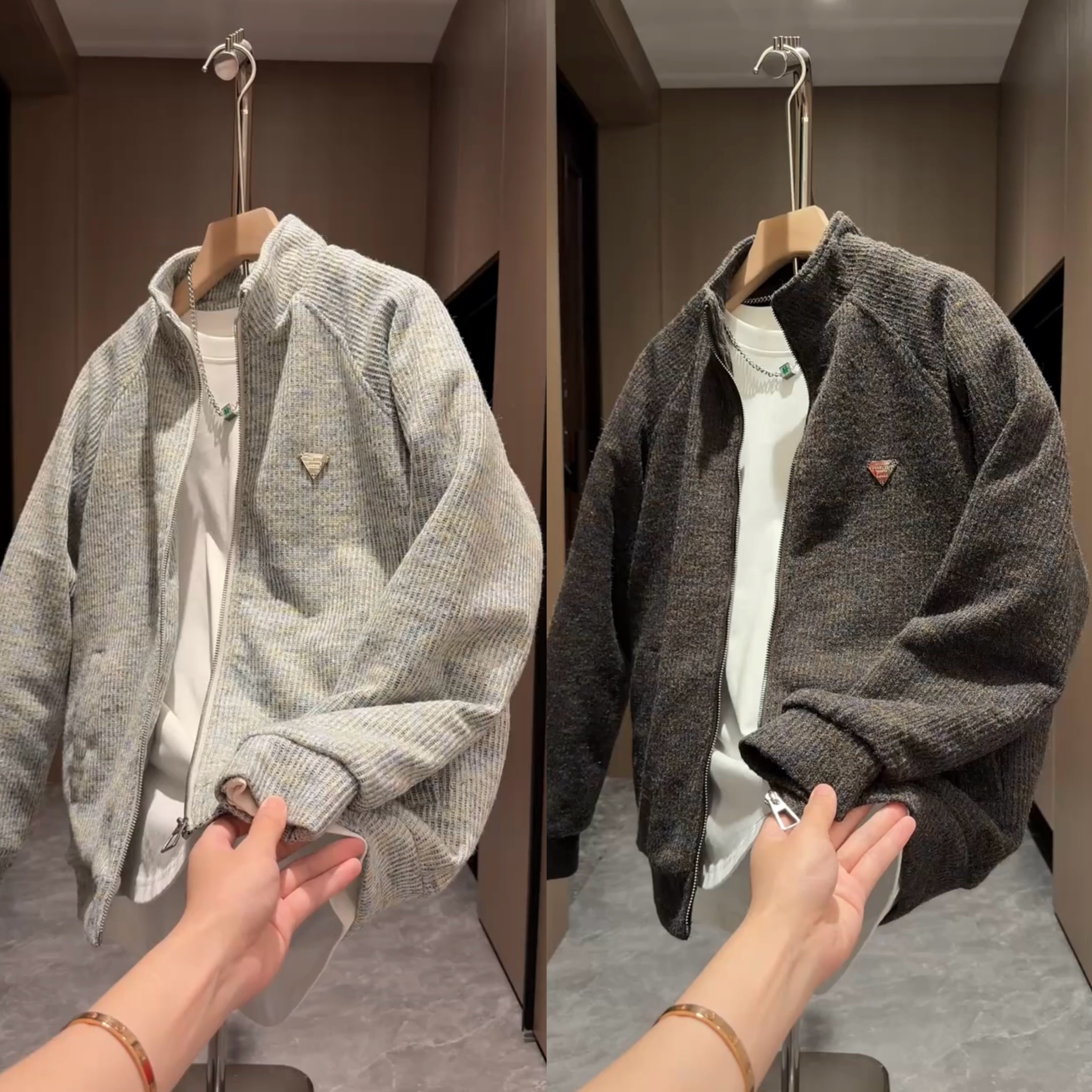 冬季新款针织立领棉衣外套男加厚潮牌老钱风棉服宽松休闲百搭夹克