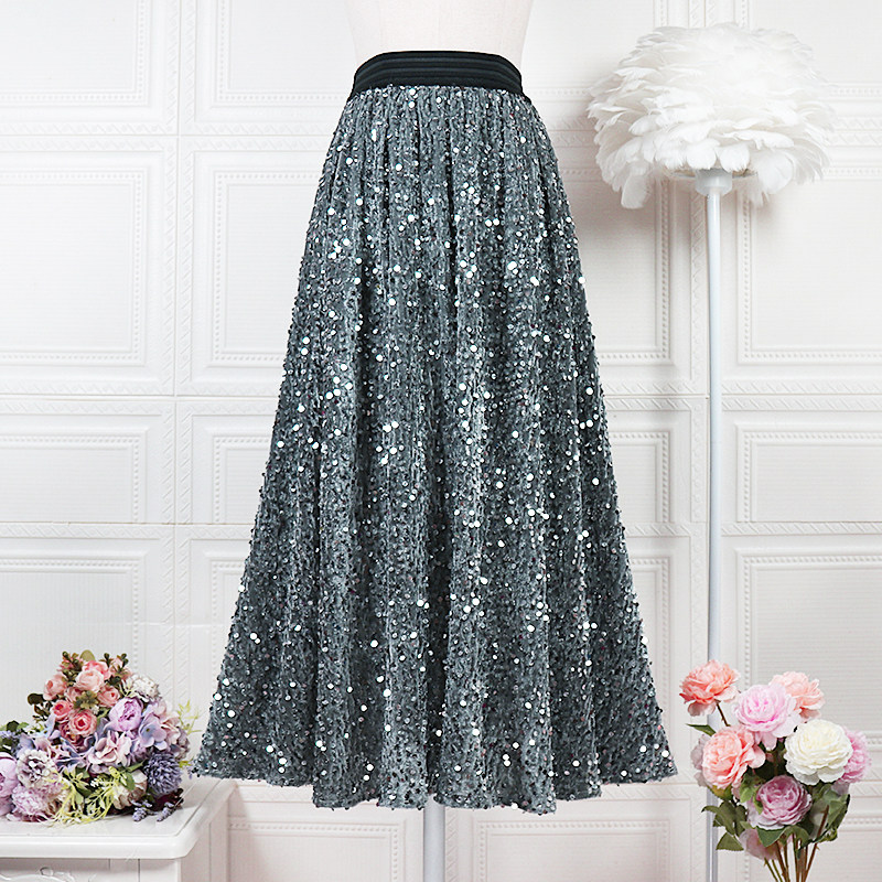 2025秋冬新款丝绒亮片重工刺绣半身裙 高腰显瘦A字裙时尚气质长裙