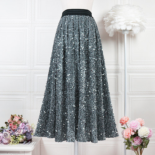 秋冬新款丝绒亮片重工刺绣半身裙