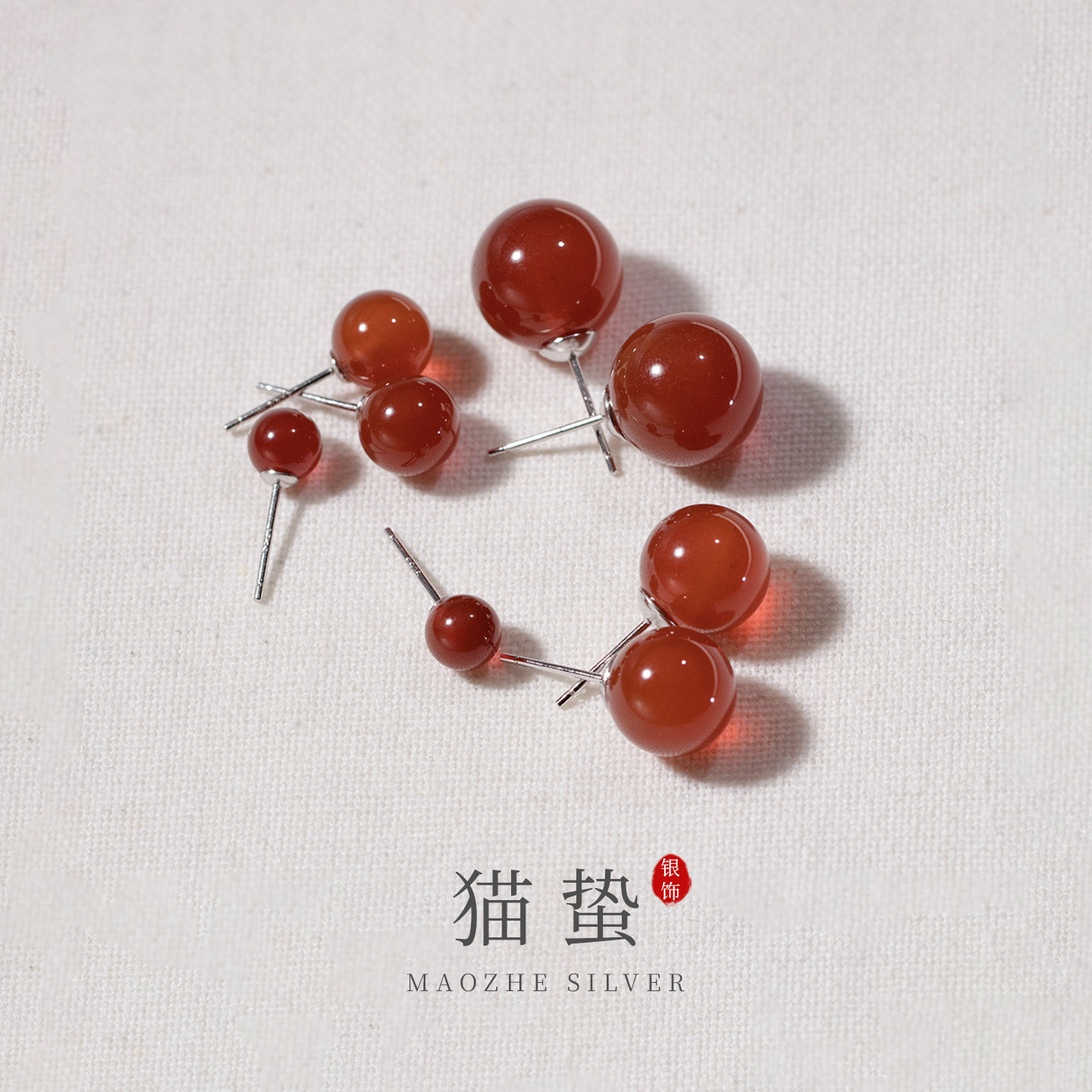 猫蛰S925纯银圆形红玛瑙耳钉2026年红色喜庆女生耳饰品简约气质款