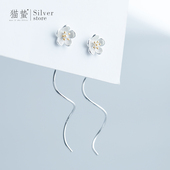 猫蛰S925纯银金蕊小花朵耳线女甜美气质长款 流苏耳饰 波浪网红爆款