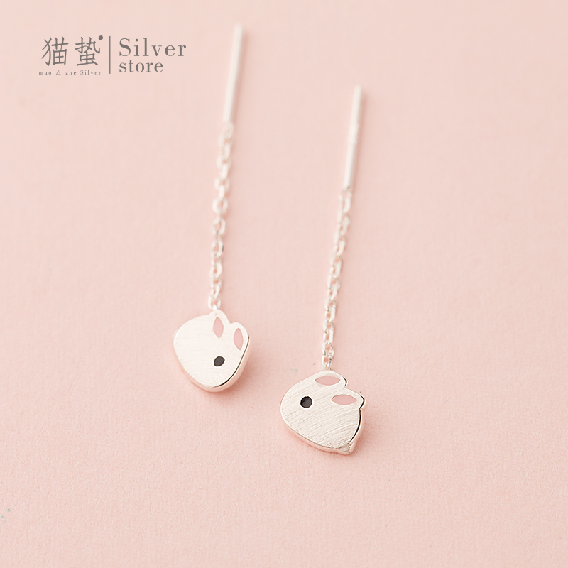 猫蛰S925纯银拉丝小兔耳线女潮气质长款耳环高级可爱甜美学生耳饰