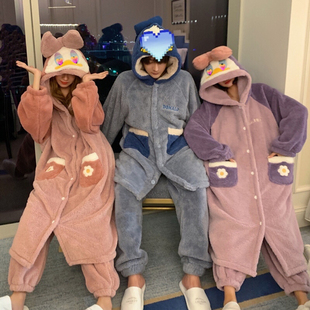 卡通情侣睡衣女冬季珊瑚绒长款睡袍可爱法兰绒家居服男套装可外穿