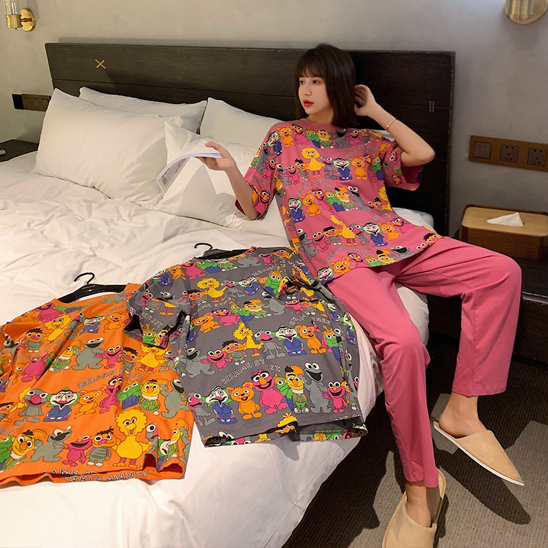 3芝麻卡通睡衣女春秋纯棉2021年新款家居服街夏季薄款短袖长裤套装