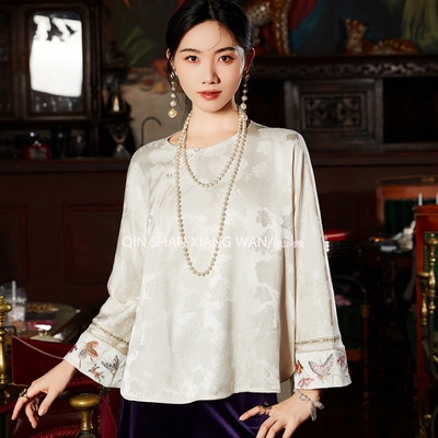 【芷然】2026中式天丝提花女士衬衫长袖新款改良斜襟国风刺绣上衣
