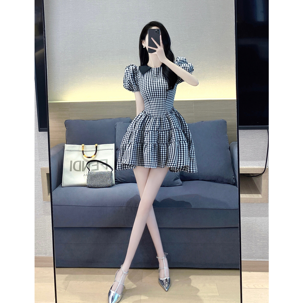 千金大小姐黑白格子甜美公主裙