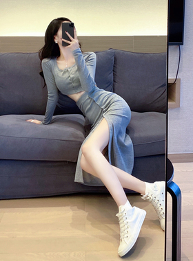 秋装气质女神范套装港风复古chic时尚气质辣妹中长款开叉裙两件套