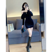 黑色丝绒连衣裙冬2022年新款 春装 气质名媛露肩轻奢小众高端礼服裙