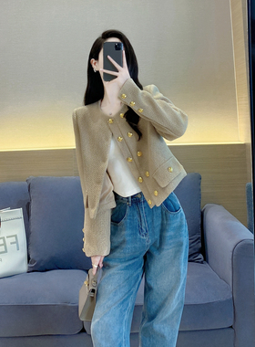 小香风外套女高级感2024秋冬装新款气质名媛双排扣短款上衣粗花呢