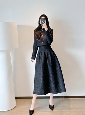 黑色小香风套装女2025秋冬新款气质名媛短外套中长款半身裙两件套