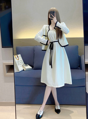 白色小香风套装2022秋季新款气质名媛高级感中长款吊带裙两件套女