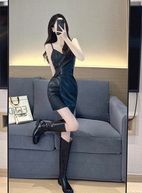 黑色皮裙2023夏季新款气质名媛性感修身显瘦设计感辣妹吊带连衣裙