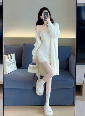 白色针织套装女冬2025年春秋新款韩版气质名媛纯欲风抹胸裙两件套