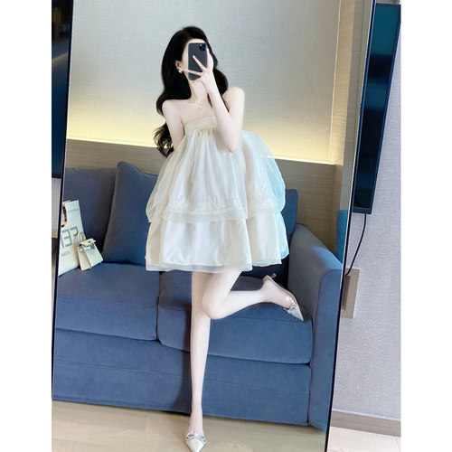 甜美A型纱网纯色抹胸公主连衣裙