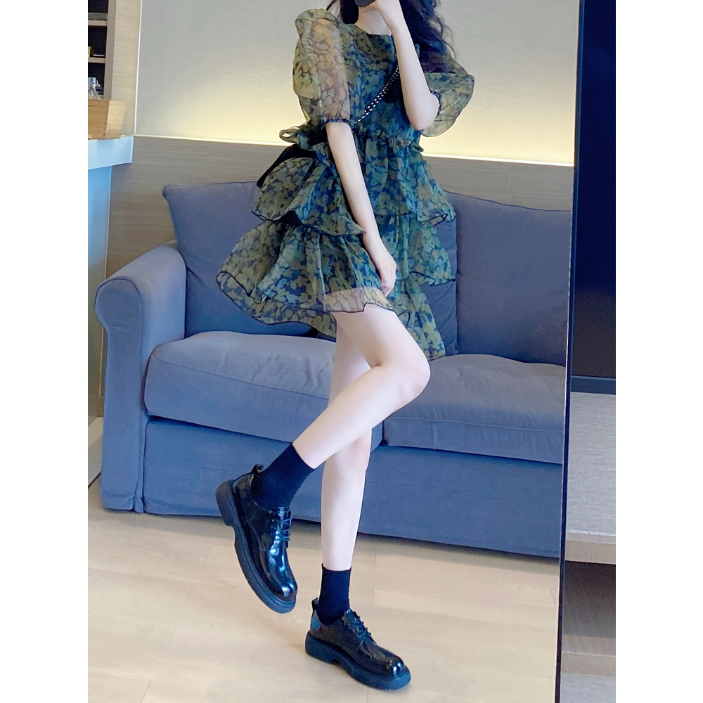 甜美纱网碎花蓬蓬裙蛋糕连衣裙