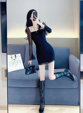 黑色连衣裙秋季2023新款女装气质修身显瘦露背紧身性感纱网包臀裙