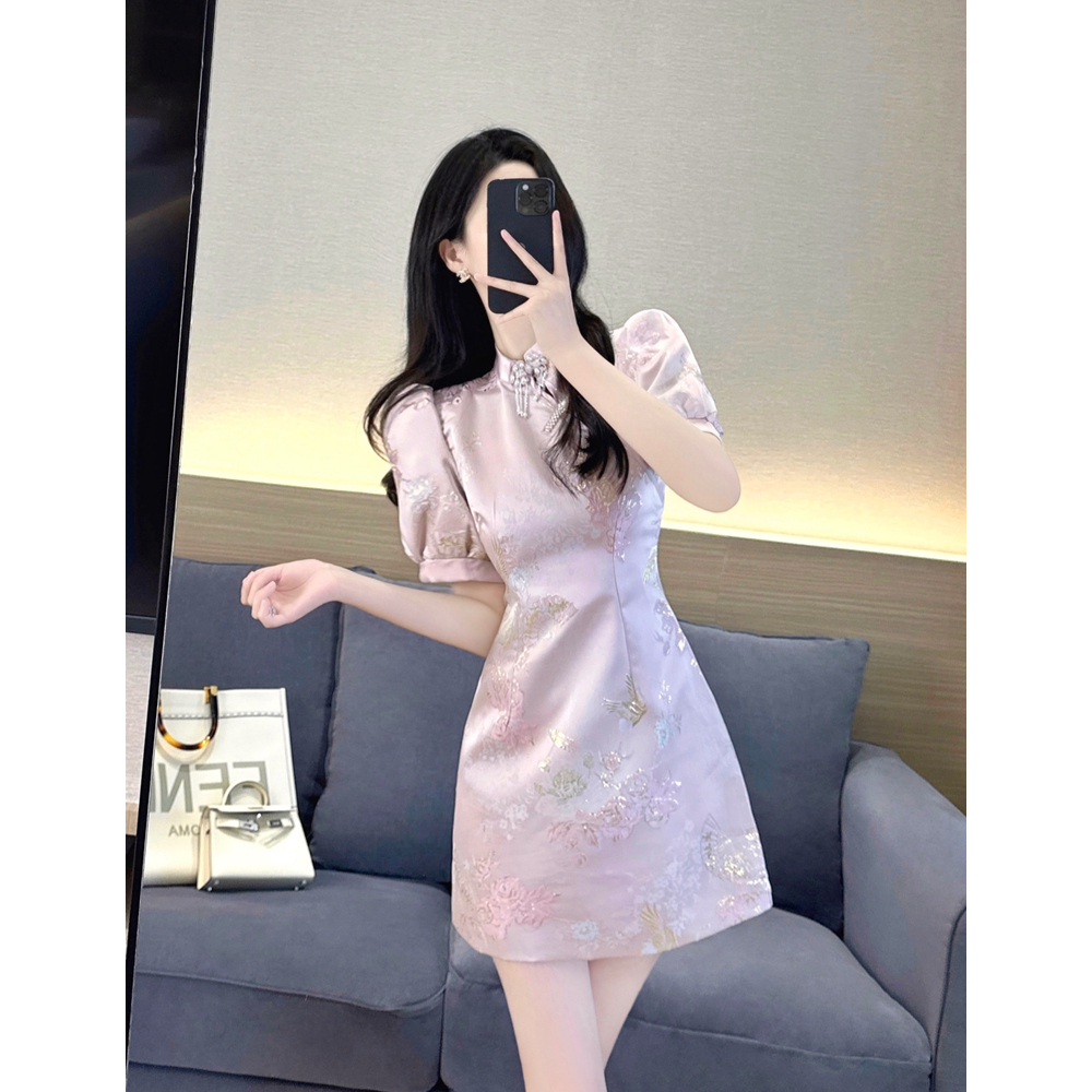 贵气千金风新中式泡泡袖旗袍裙