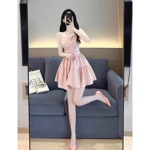 方领收腰显瘦a字裙子女夏季 粉色吊带连衣裙2023新款 气质甜美法式