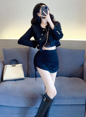 黑色小香风外套女春秋2025新款气质名媛法式港风粗花呢短款上衣女