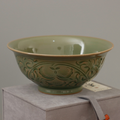 微瑕耀州窑青釉双刀刻花纯手工家用陶瓷粗陶香灰泥青瓷中号撇口碗
