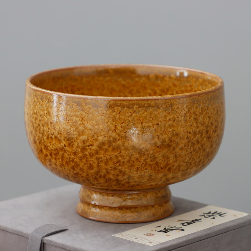钧窑李峰手作茶叶末结晶青釉窑变复古青瓷餐具家用竹节高足罗汉碗 - 实物图