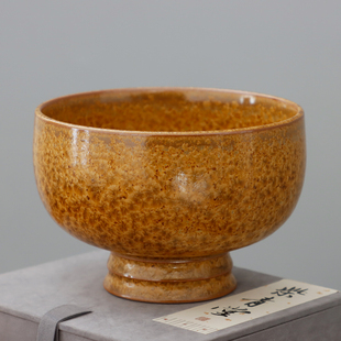 钧窑李峰手作茶叶末结晶青釉窑变复古青瓷餐具家用竹节高足罗汉碗
