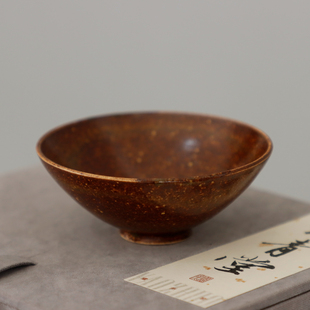 耀州窑许磊手作新派薄胎粗陶酱色釉青瓷中式经典鼓腹迷你斗笠茶杯