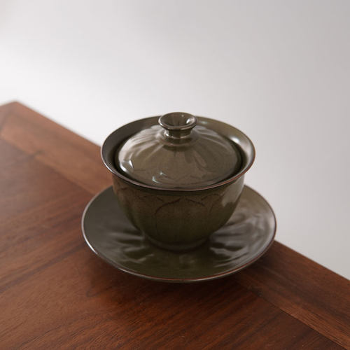 耀州窑青瓷中式复古粗陶三才盖碗