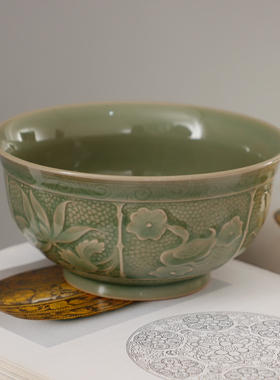 耀州窑新美学橄榄青釉印花半手工粗陶青瓷陶瓷餐具游鸭莲纹中号碗