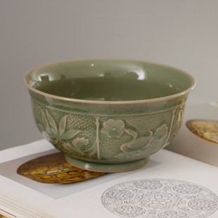 耀州窑新美学橄榄青釉印花半手工粗陶青瓷陶瓷餐具游鸭莲纹中号碗