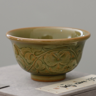 微瑕耀州窑中式全手工青釉双刀刻花花卉纹茶道茶具茶杯中号压手杯