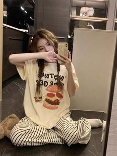 T恤休闲阔腿条纹裤 居家服慵懒外穿夏季 女小个子宽松短袖 套装 新款